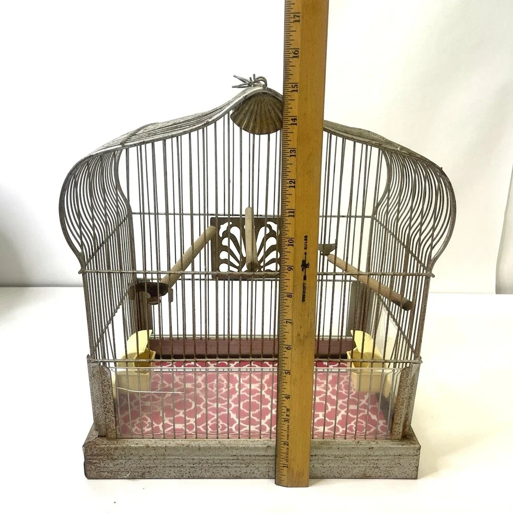 Vintage CROWN Wire Bird Cage w Original Feeder Trays &‎ Slide Tray Hang Hook